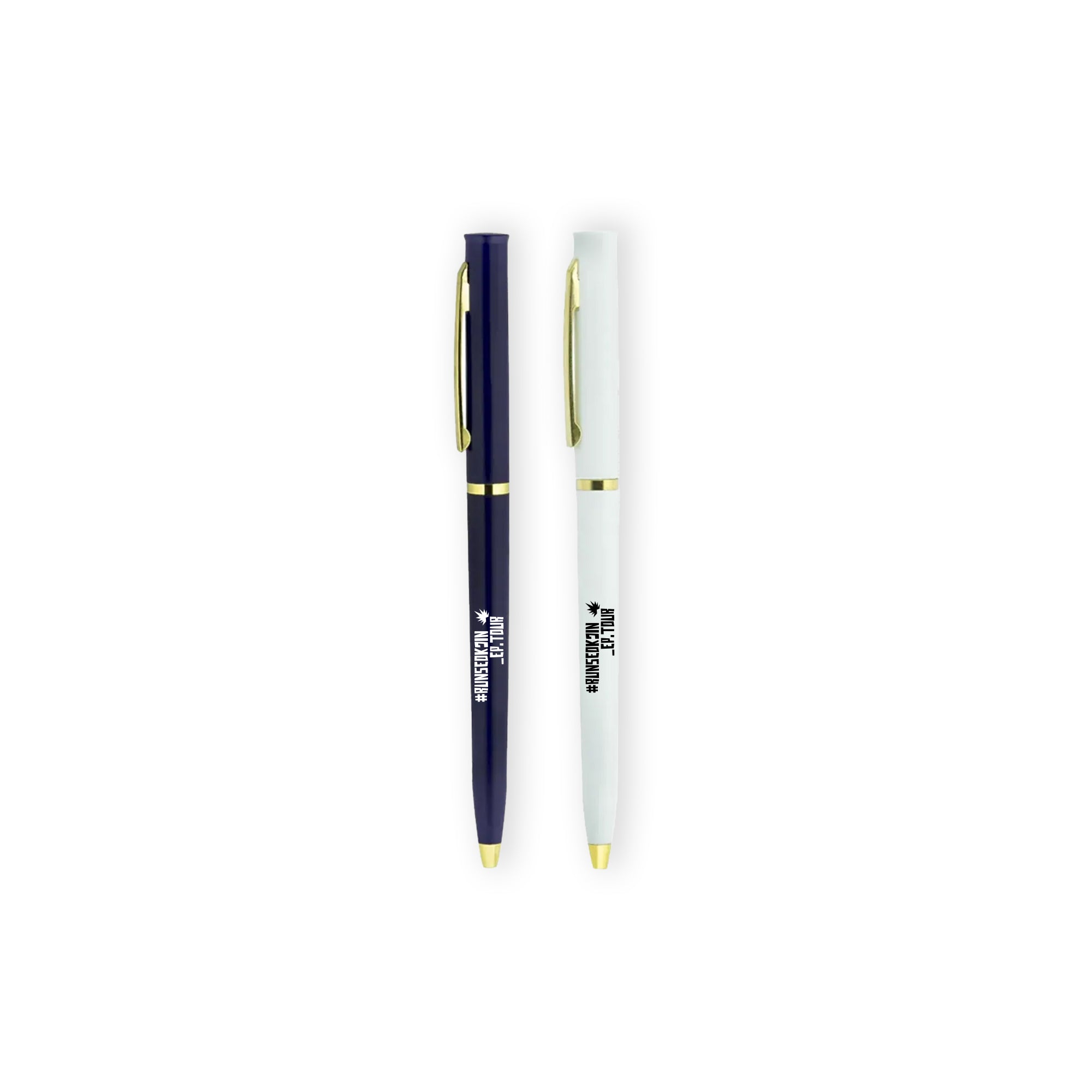 Two pens, one blue and one white, on a white background