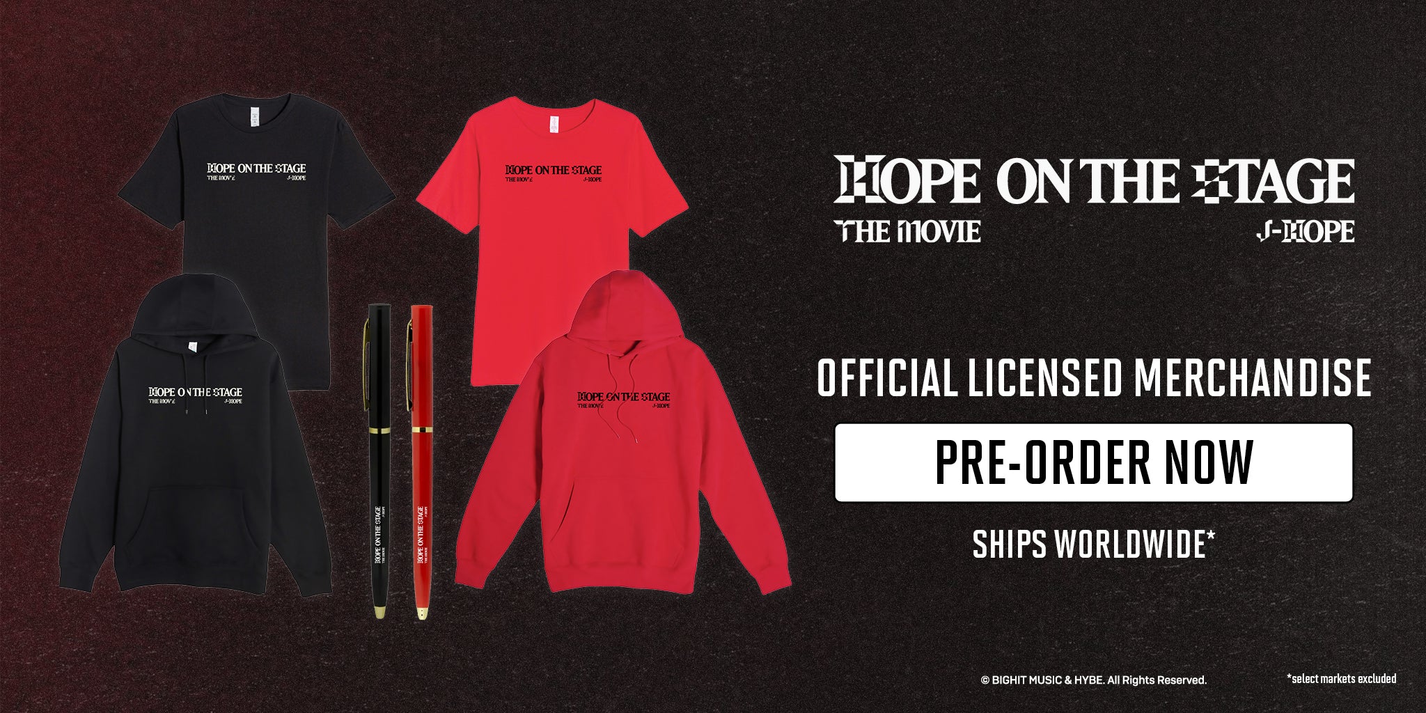 Merchandise set including t-shirts, hoodies, and pens with 'Hope on the Stage' branding on a dark background.