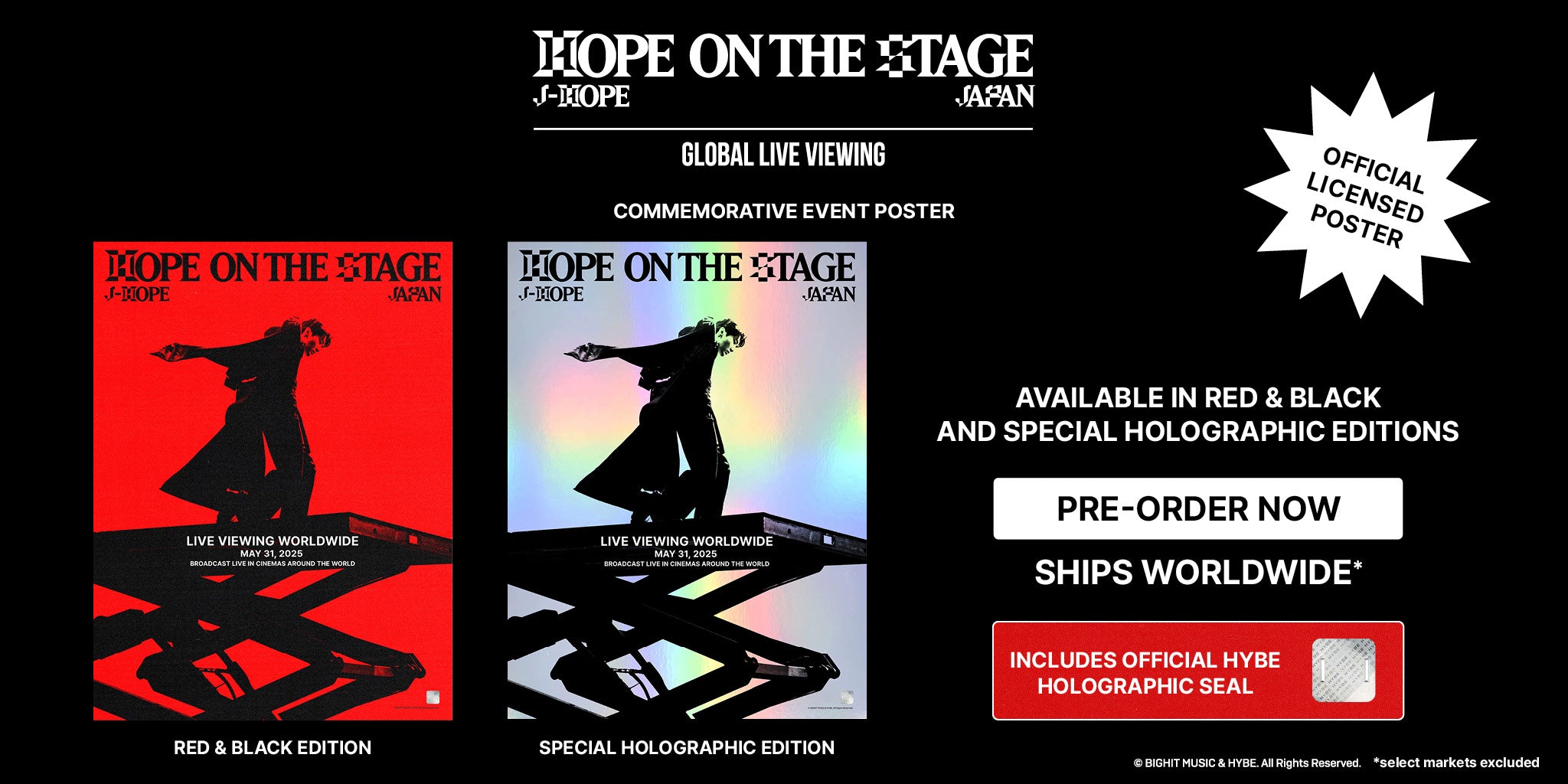 Banner showing two j-hope posters. One in a red and black edition, and one in a holographic edition. Clicking on the link will take you to the product pages. 