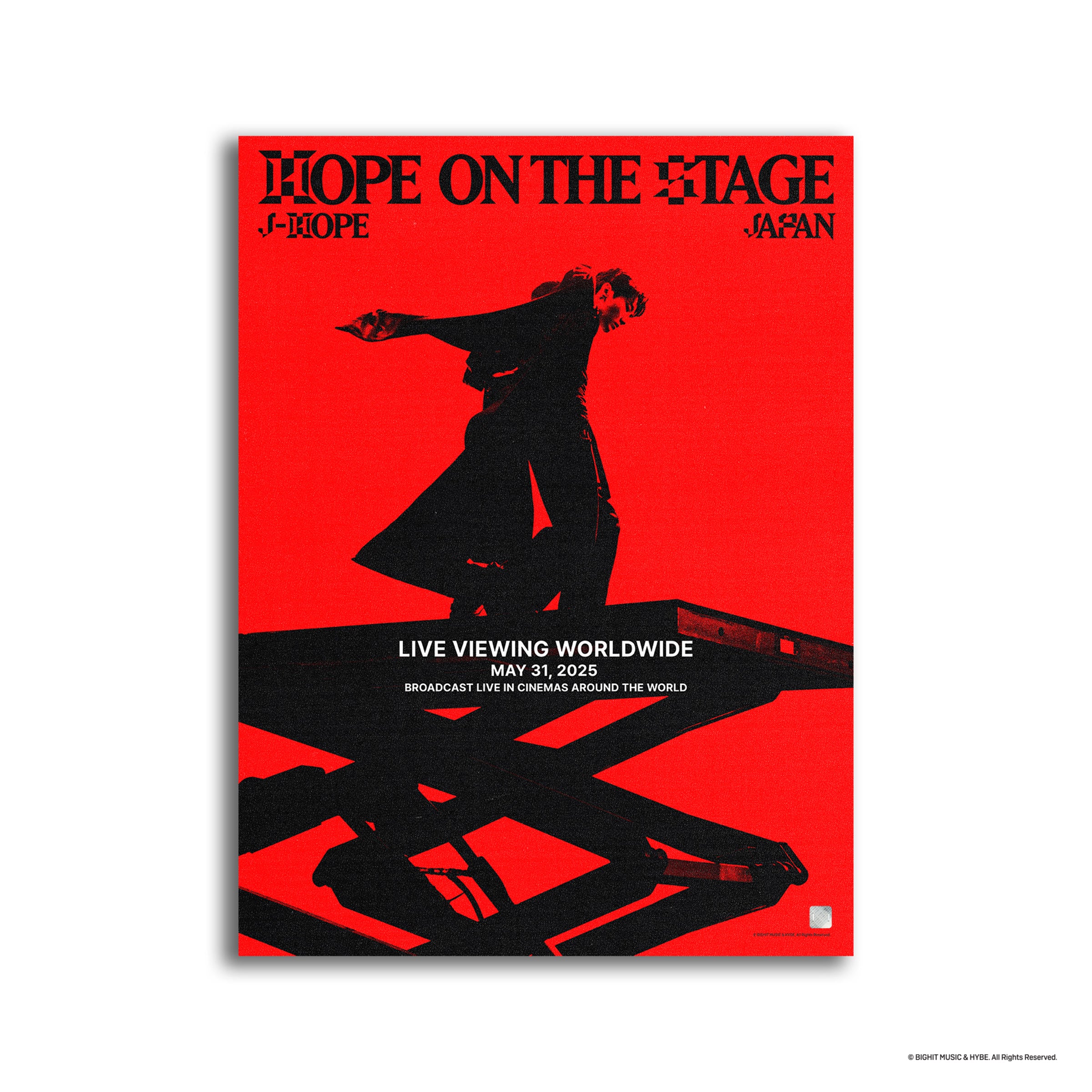 Red poster with black text of the j-hope Tour 'HOPE ON THE STAGE' in JAPAN: LIVE VIEWING Official Licensed Poster. 