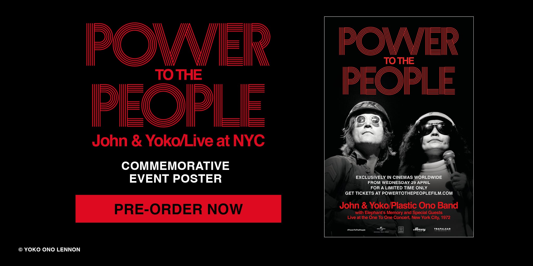 Promotional poster for 'Power to the People' event featuring John & Yoko with text about a live performance in NYC.