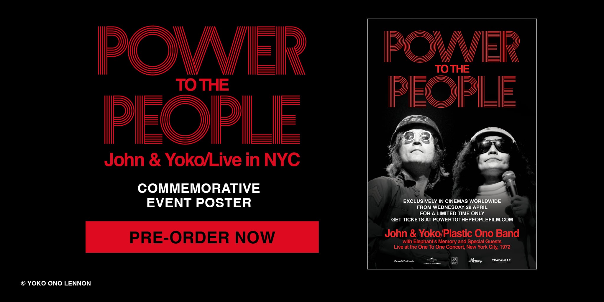 Promotional poster for 'Power to the People' event featuring John & Yoko, with text and a black and white photo of two people.